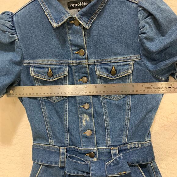 Retrofete Tori Denim Jumpsuit Size Medium Short Puff Sleeve Button Front w Belt - Picture 5 of 12
